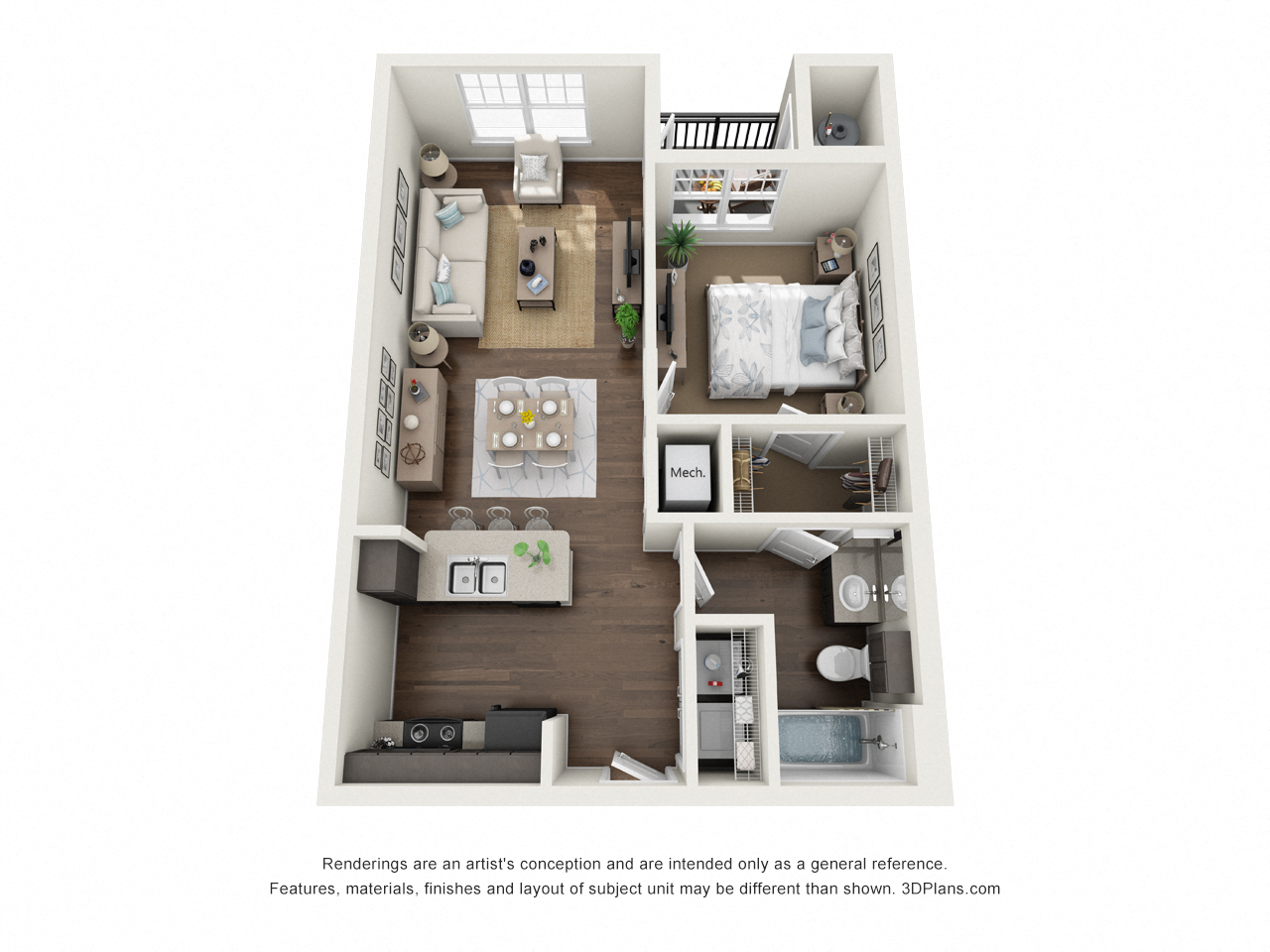 Floor plan for 1 bed, 1 bath, 662 sqft